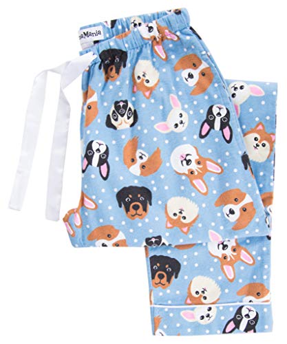 Pajamamania Women's Cotton Flannel Pajama Pj Pants With Pockets, Blue Dogs, Medium, #TOP4