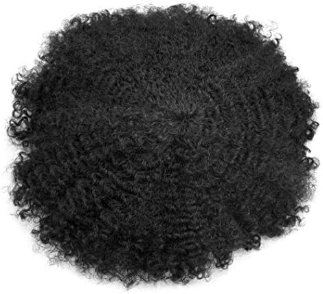 LHC HAIR Afro Curly Mens Toupee Full Poly African American Hairpieces All Skin PU Mens Replacements Kinky Curly Hair Systems Afro Wavy 6mm 10x8 120% Light to Medium Density (8"10", 1 Jet Black)