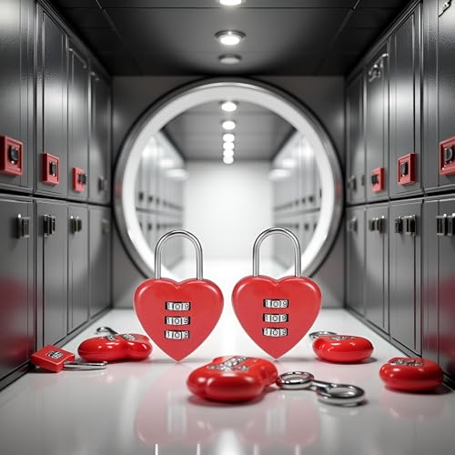 Image of 2Pcs Red 3 Digit Combination Padlock, 3mm Shackle, Zinc Alloy Lock Heart Shaped Combination Padlocks, Padlocks and Hasps