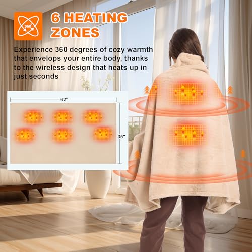 Moteoza 160x90cm Heizdecke Kabellose mit 16000 mAh Akku, Flanell Elektrische Wärmedecke mit 6-Zonen-Heizung, 3 Temperaturstufen, Waschbar Heizdecke zum Anziehen für Sofa, Büro, Auto, Camping(Khaki)