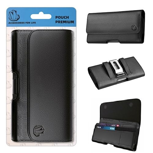 PT Horizontal Black Medium Universal Belt Clip with Card Slots Phone Case Pouch for Nokia XR21 + Gift Stand