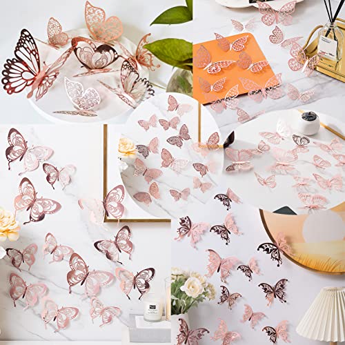 Ewong 3D Butterfly Decoration 60Pcs Wall Decal, Birthday Cake Party Decor 5 Style Sticker Art Craft, Kid Nursery Classroom Wedding Baby Shower Girl Bedroom Home Room Office Gift Decorative (Rose Gold) #TOP1