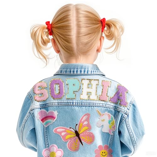 Personalized Kids Denim Jacket with Names, Custom Girls Jean Jackets Clothes, 1-14 Year Old Girl Boy Birthday Easter Gifts, Outerwear Spring & Fall Long Sleeve Jackets for Toddlers Girls Boys