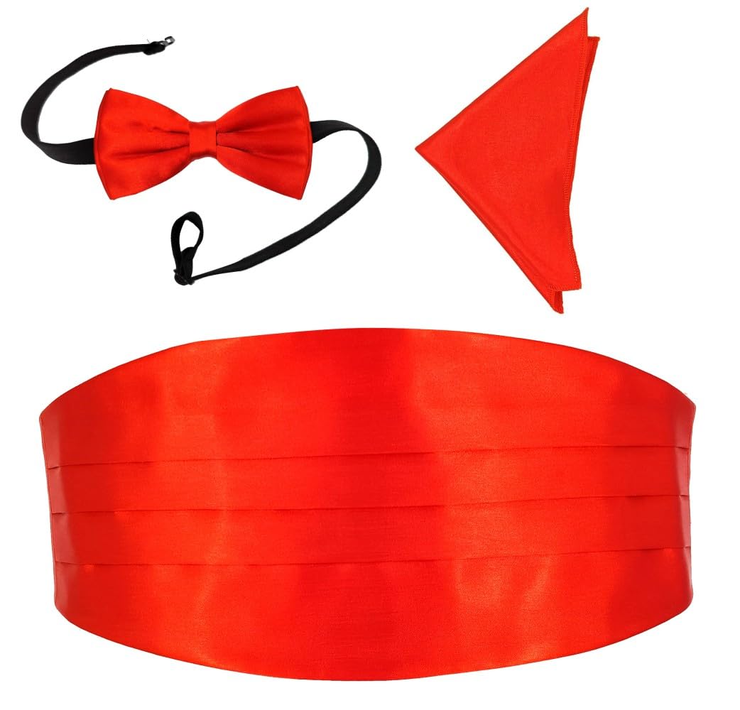 good 1 store Men's Plain Formal solid cummerbund belt with Satin bow tie set and matching pocket square for Men and women-picture-53