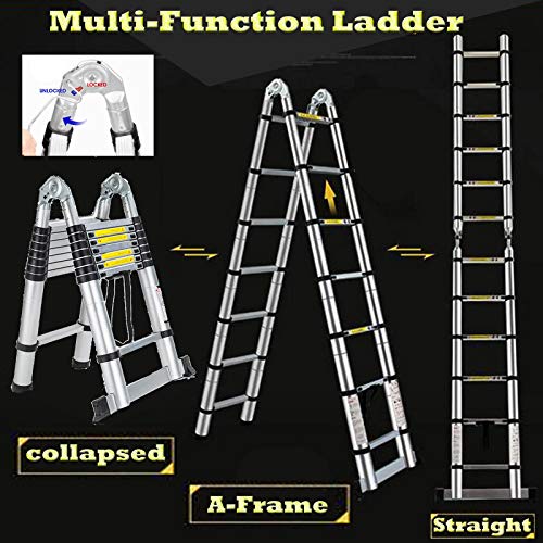 Bowoshen 16.5FT Aluminum Telescoping Extension Ladder 330lbs Max Capacity A-Frame Lightweight Portable Multi-Purpose Folding with Support Bar Anti-Slip EN131 Certificated