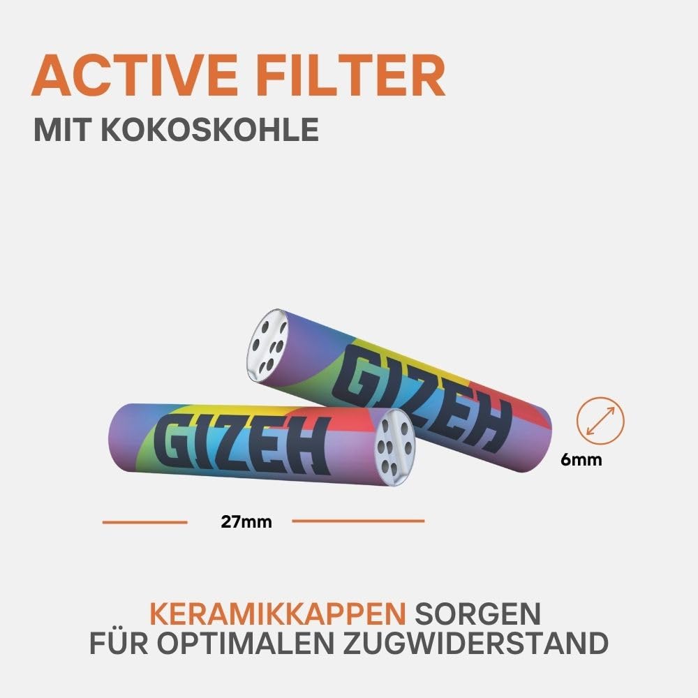 GIZEH Raucherbedarf Gizeh 20580 filtr z węglem aktywnym, wąski, rozmiar 6 mm, tęczowy, 10 worków po 50 filtrów, papier, biały