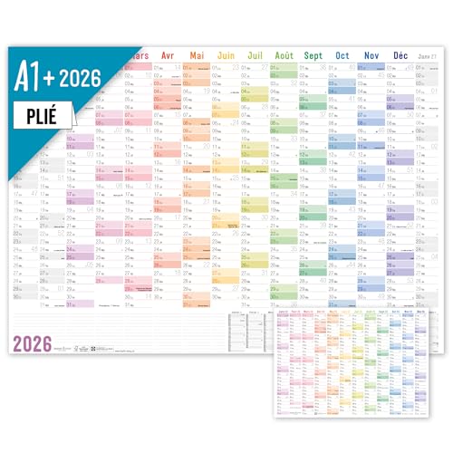 Häfft® Calendrier mural XXL 2026 A1+ de papier en français (63 x 89 cm) plié 