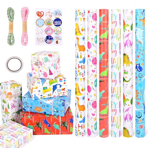 6 Rollen Geschenkpapier, Ambesty 43 x 300 cm Dinosaurier Geschenkpapier Rollen für Kinder, Geburtstag Geschenkpapier und 2 Rolle Band, Geschenkpapier Weihnachten Geburtstag Kinder Set zum Geschenk