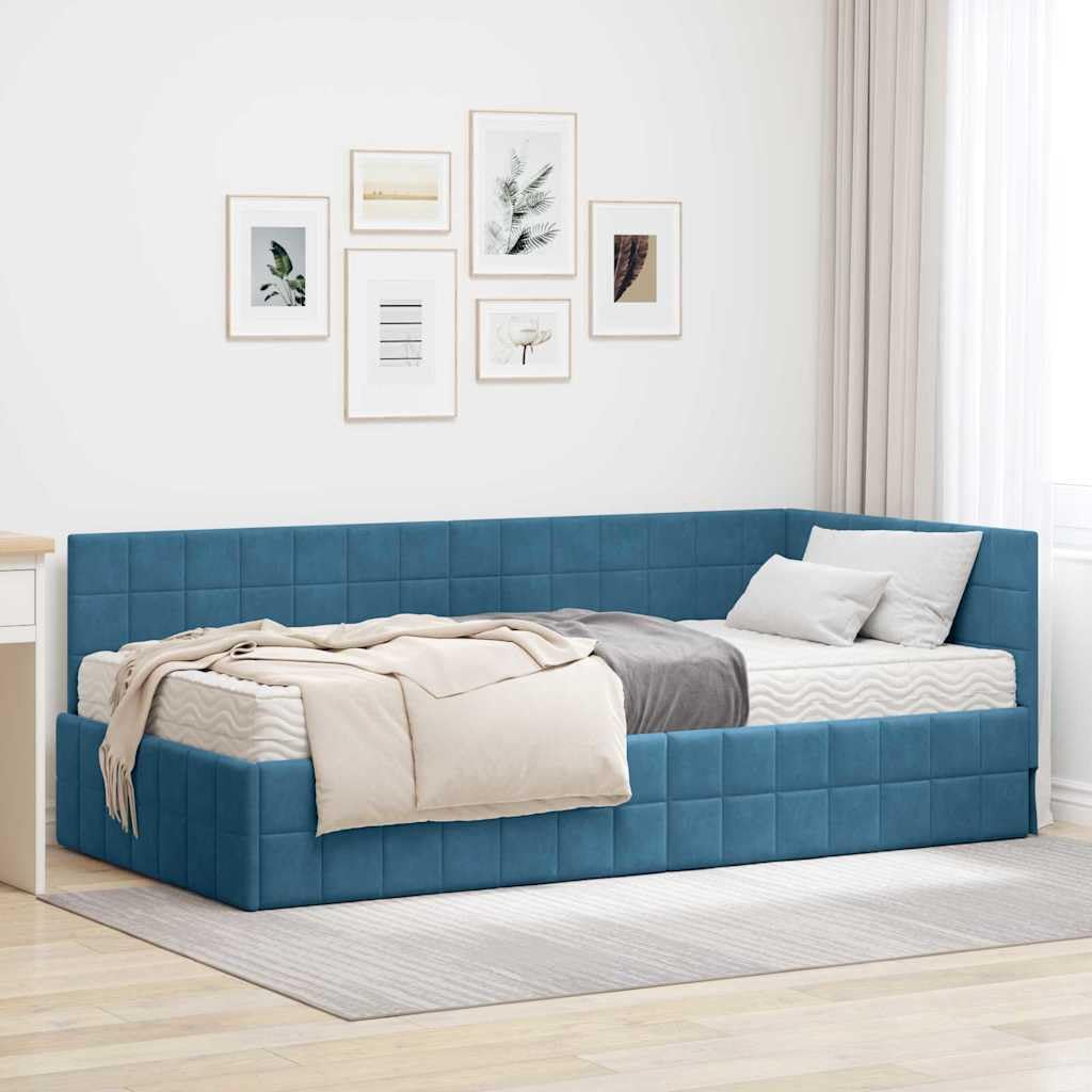 Struttura letto angolare con materasso 2 pezzi blu velluto design moderno comfort robusto telaio in compensato per camera da letto ospiti cameretta salvaspazio supporto stabile