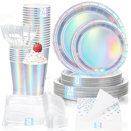CLIYTICA Iridescent Plates and Napkins Party Supplies for 24 Guests Disposable 9 and 7 Silver Holographic Paper Plates and Cups Forks & Napkins Set for Mermaid Birthday Party Decorations