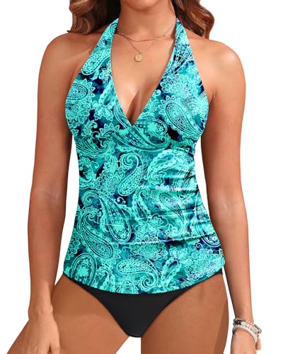 Holipick Two Piece Tankini Bathing Suits for Women Tummy Control Swimsuits Sexy V Neck Halter Tankini Top with Bikini Bottom