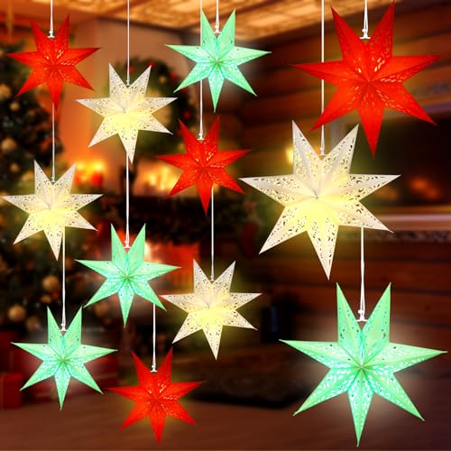 Retisee 12 Pcs 14in Paper Star Lantern with 7 Pointed LED Lights for Xmas, Wedding, Holiday, Birthday Party Celebration(Multicolor)