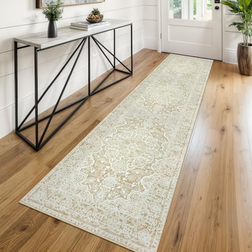 KUTA Hallways Runner Rug 2x8 Beige Yellow, Vintage Floral Kitchen Rugs Non-Slip Washable Ultra Soft Printed Retro Distressed Flower Carpet Entryway Runers for Bedroom Nursery Hallways
