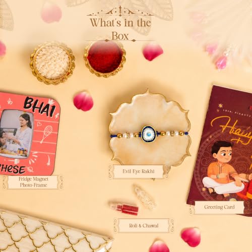 Image of Art Street Evil Eye Rakhi Gift Hamper with Personalized Best Bhai Photo Frame, Evil Eye Rakhi, Greeting Card, Roli Chawal & Premium Gift Box | Raksha Bandhan Gift for Brother