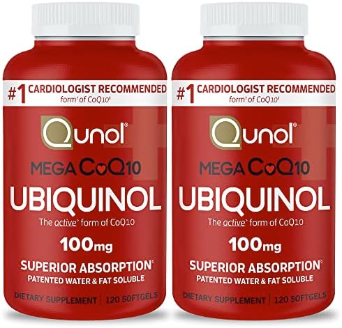 Ubiquinol CoQ10 100mg Softgels, Qunol Mega Ubiquinol 100mg - Superior Absorption - Active form of Coenzyme Q10 for Heart Health & Healthy Blood Pressure Levels - 8 Month Supply - 120 Count (Pack of 2)