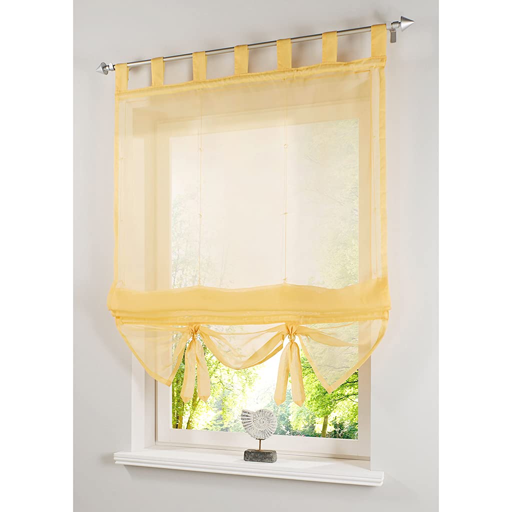 Smithoom Roman Curtain Bowknot Window Sheer Valance and Tiebacks Rod Pocket Panels for Bedroom Living Room Kitchen, Yellow, 100x155cm