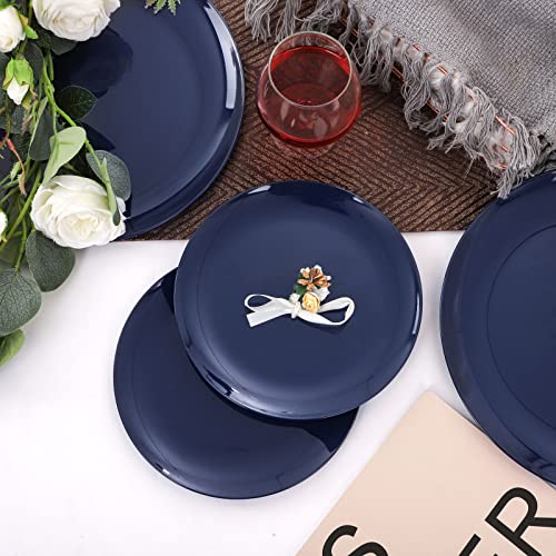 Pulote 100Pcs Blue Plastic Plates - Heavy Duty Blue Disposable Plates - Navy Disposable Plates Include 50Pcs 10.25Inch Dinner Plates & 50Pcs 7.5 Inch Dessert/Salad Plates,Idea For Wedding & Party #TOP4