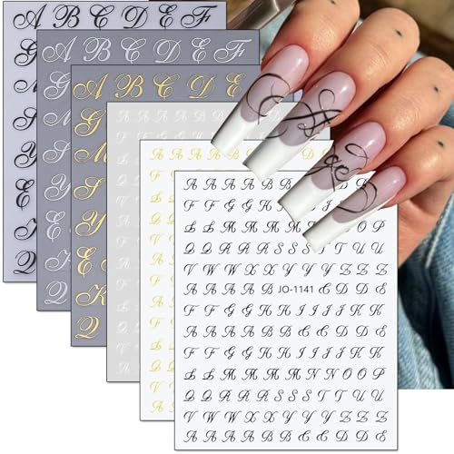 Image of 12 Sheets Retro Letter Nail Stickers,Gold Black White Nail Decals Self-Adhesive Old English Alphabet Nail Stickers Cursive Design Manicure Nail DIY Accessories for Women