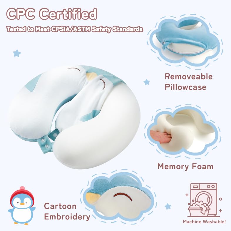 Image of Kids Travel Neck Pillow for Ages 3-8, Memory Foam, Removable Cover, Penguin