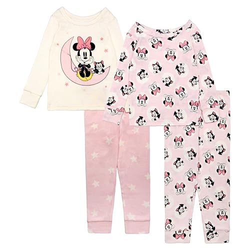 Disney Girls' 4-piece Snug-fit Cotton Pajama Set, Soft & Cute for Kids, 3T