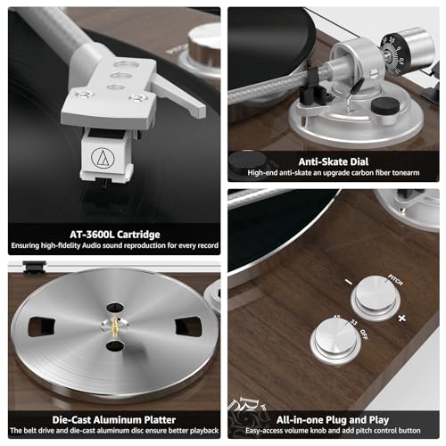 Image of Turntable Record Player Wireless Output Vinyl Players Aluminium Platter Carbon Fiber Tonearm Belt-Drive LP 33 45 RPM Phono Audio AT-3600L MM Cartridge RCA Line Anti-Skate Pitch Control Walnut