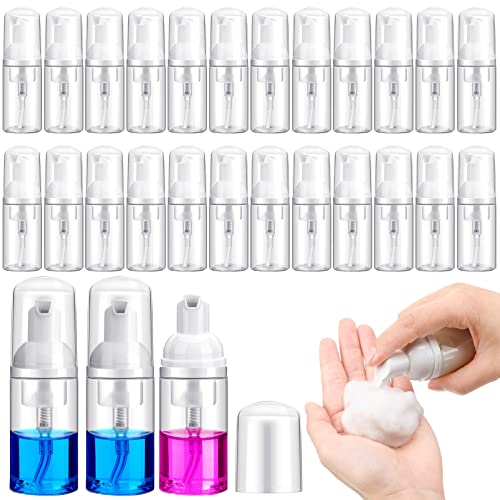 24 Pcs Foam Pump Bottles 1 Oz/ 30 ml Plastic Mini Empty Dispenser Travel Soap Foaming Bottles for Refillable Hand Sanitizer Lash Shampoo(Clear)