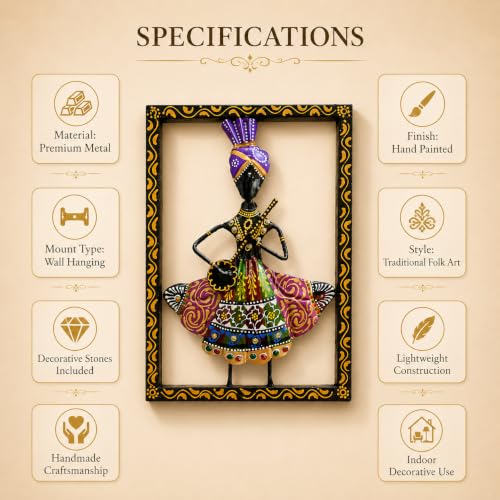 Image of iHandikart Metal Wall Art for Home Decor | Rajasthani Folk Musician Wall Sculpture with Stone Work | Hand-Painted Iron Wall Hanging for Living Room, Bedroom, Hallway, Office | 11.5 x 8 Inch