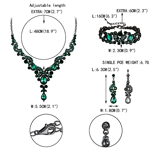 Ever Faith Rhinestone Crystal Bridal Party Jewelry For Women, Art Deco Costume Floral Wave Teardrop Statement Necklace Earrings Bracelet Set Green Black-Tone #TOP3