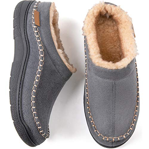 Zigzagger Men's Fuzzy Microsuede Moccasin Style Slippers Indoor/Outdoor Fluffy House Shoes,Grey,11-12 D(M) US