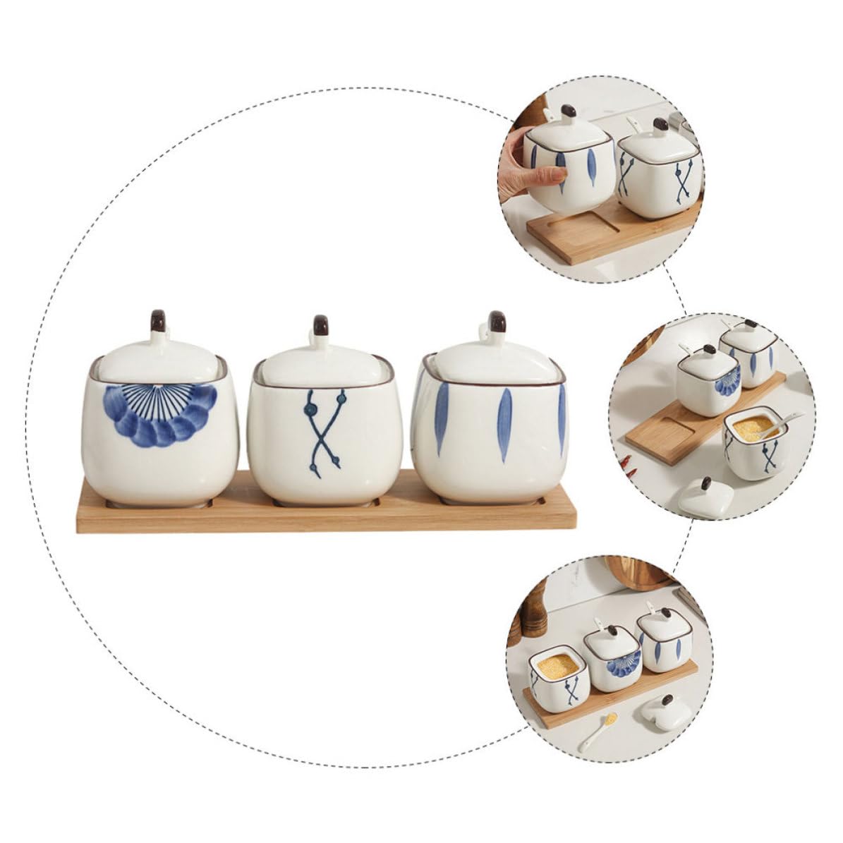Set di Tre Barattoli di Ceramica per Spezie con Coperchio e Vassoio