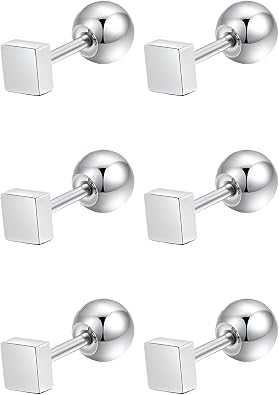 Stainless Steel Stud Earring Set 3 Pairs Silvery Screw Back Earrings Screwback Hypoallergenic Cartilage Jewellery Kit Helix Tragus Jewelry for Sensitive Ears Women Men Aretes De Mujer