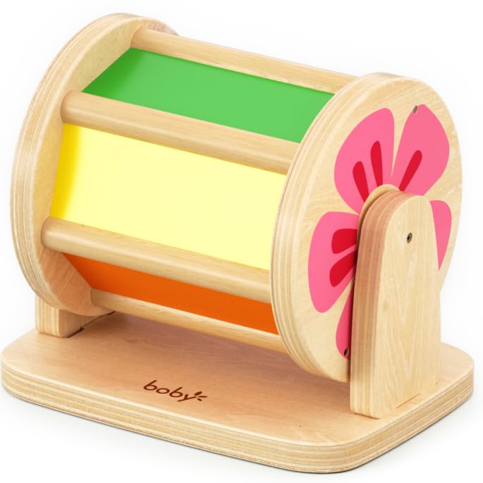 Dailyfunn Montessori Toys Wooden Spinning Drum Tummy Time Floor Mirror Toy for Babies 6-12 MonthsToddlers 1-3 Years Old