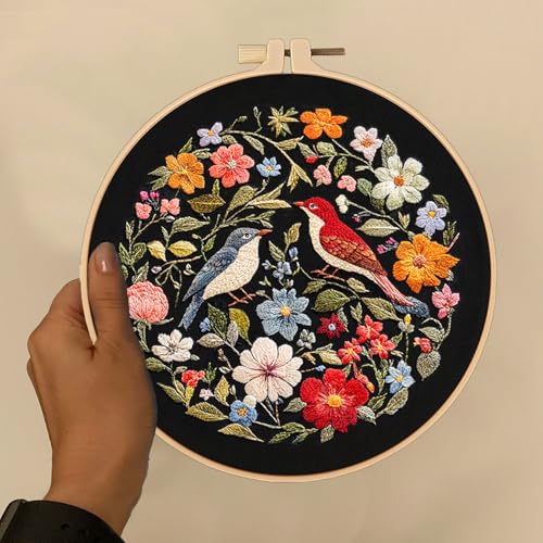 Image of FONNUY Embroidery Kit for Beginners, Birds with Flowers Pre-Stamped Pattern Kits for Adults with Hoop, Easy to Follow Color Thread Needlework, 8'' Hoop (Red)
