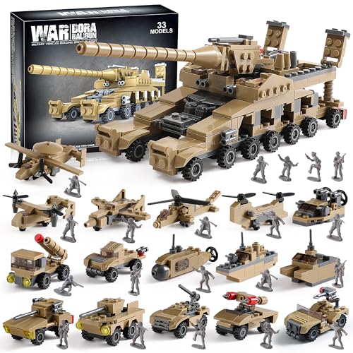 WW2 Army Tank Toys Building Sets Compatible with Lego, Create a German Dora Cannon or 16 Military Vehicles with 20 Toy Soldiers, STEM Toys for Boys Kids Age 6+ Year Old