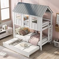 Merax Twin Over Twin Bunk Bed with Trundle,Roof and Windows,House-Shaped Wood Bunk Bed for with Built-in Ladder and Guardrail for Girls,Boys,White+Grey