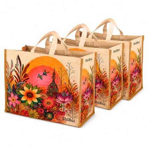 Image of SHIBUI Big Heavy Duty Large Eco Waterproof Cotton Canvas Cloth Grocery Shopping Bag for Men Ladies Vegetable Milk Fruits with Hand Carry Handle Lunch Box Jhola Tote Bags (3, Flower Print)