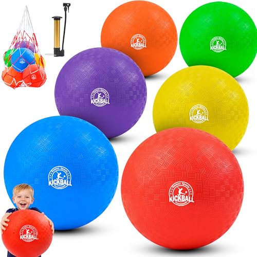 12 Inch Kickball Playground Balls 6 Pack, Durable PVC Dodgeballs for Kids & Adults, Outdoor & Indoor Games with Pump and Storage Bag, Bouncy Balls for School, Gym, Birthday Gift for Boys and Girls