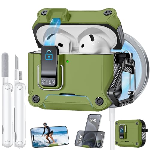 Image of Dual Safety Lock for AirPods 4 Case 2024, Compatible with MagSafe - Designed with Automatic Switch and Phone Stand, Includes a Cleaner & Keychain - Rugged Tough Hard Shell for Apple AirPods 4
