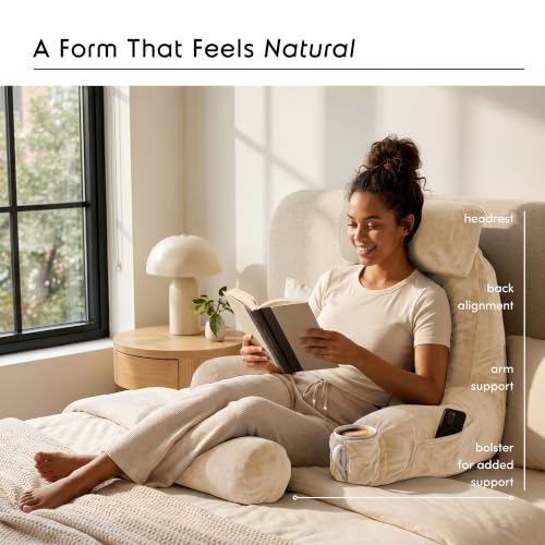 Image of Nestl Reading Pillow with Shredded Memory Foam Includes 2 Neck and Lumber Support Pillows, Designed for Sitting Up in Bed and Couch, Back and Arms Adjustable Support for Adult & Teens, Beige Cream