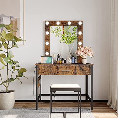 Irontar Makeup Vanity Table With Charging Station And Usb Ports & Power Outlets, Vanity Desk With Lighted Mirror For Mother's Day, 10 Led Blubs & Adjustable Brightness, 1 Drawer, Rustic Brown Wdt001Be #TOP5