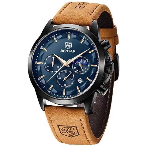 BY BENYAR Men Watch Quartz Chronograph Date 3ATM Waterproof Watches Business Sport Design Leather Strap Wrist Watch Perfect Gifts for Men Father Cover