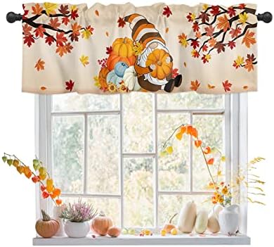Fall Valance Curtain for Kitchen Thanksgiving Valance Gnome Holding Orange Pumpkin Maple Leaves Kitchen Valance Short Curtains Rod Pocket Window Treatments for Bathroom Bedroom Small Windows 54x18in