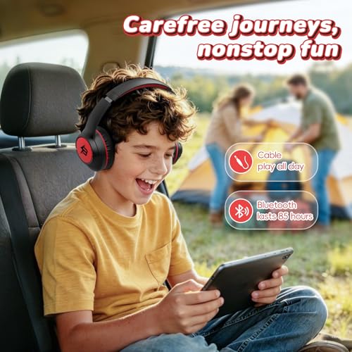 Image of Kids Bluetooth Headphones with 85H Playtime Without LED, Safe Volume 85 /94dB Wireless Headphones for Kids, Bluetooth 5.4 Over-Ear Toddler Headset for Boys Tablet /Airplane / School (Atrous & Red No LED)