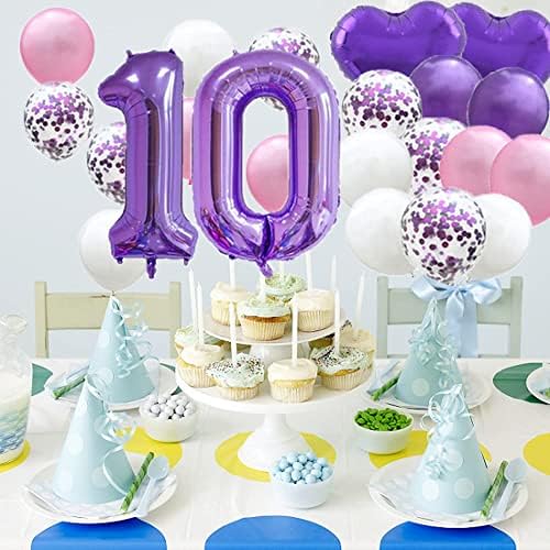 Sweet 10th Birthday Balloon 10th Birthday Decorations Happy 10th Birthday Party Supplies Purple Number 10 Foil Mylar Balloons Latex Balloon Gifts for Girls,Boys,Women,Men