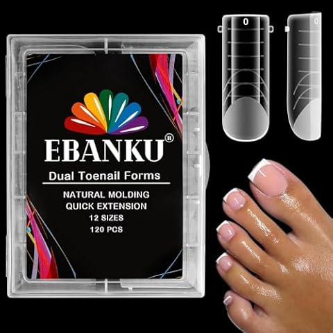 EBANKU Poly Gel Nail Forms for Toes, Long Square Dual Forms for Pedi Nail Extension Poly Gel Toenails Reusable Toe Nail Tips Mold, 120Pcs 12 Sizes Cover
