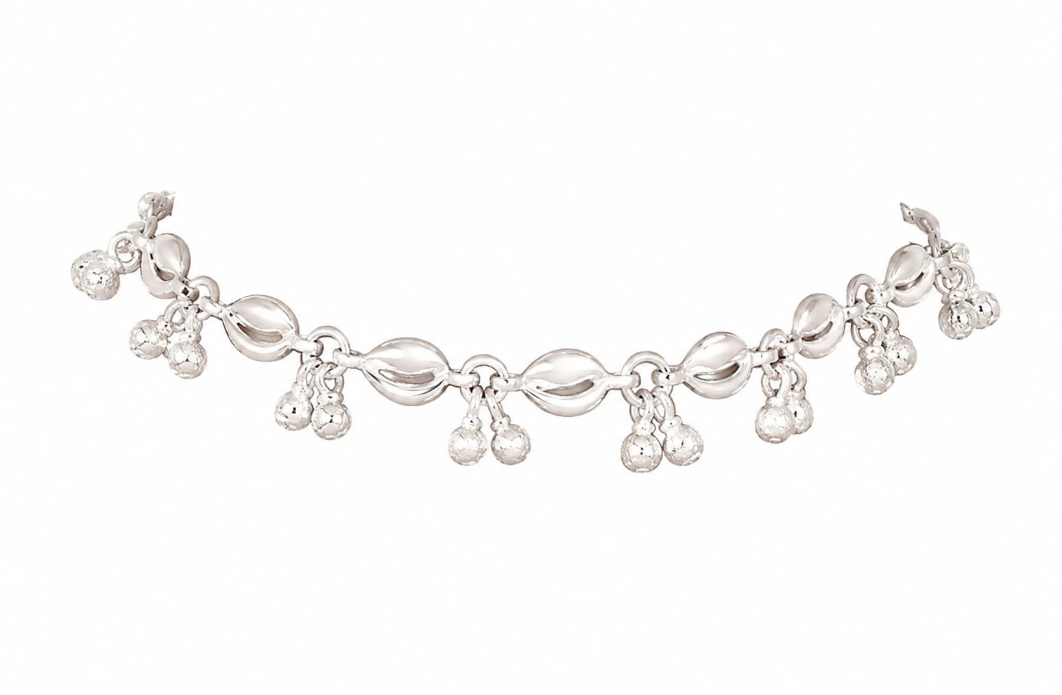 Silver Anklet with Dangling Textured Balls and Oval Link Chain-image-21