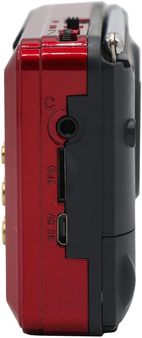 Side view of the JOC H1011BT radio, highlighting the DC 5V charging port, TF card slot, USB port, and headphone jack.