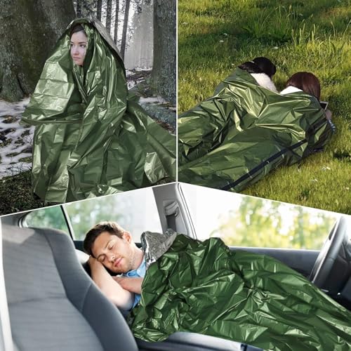 EEEKit Notfall Schlafsack, 2 Stück Wasserdicht Überlebenssack, Thermo Notfalldecken, Tragbare Mylar Überlebensausrüstung mit Pfeife für Camping Wandern (Grün)