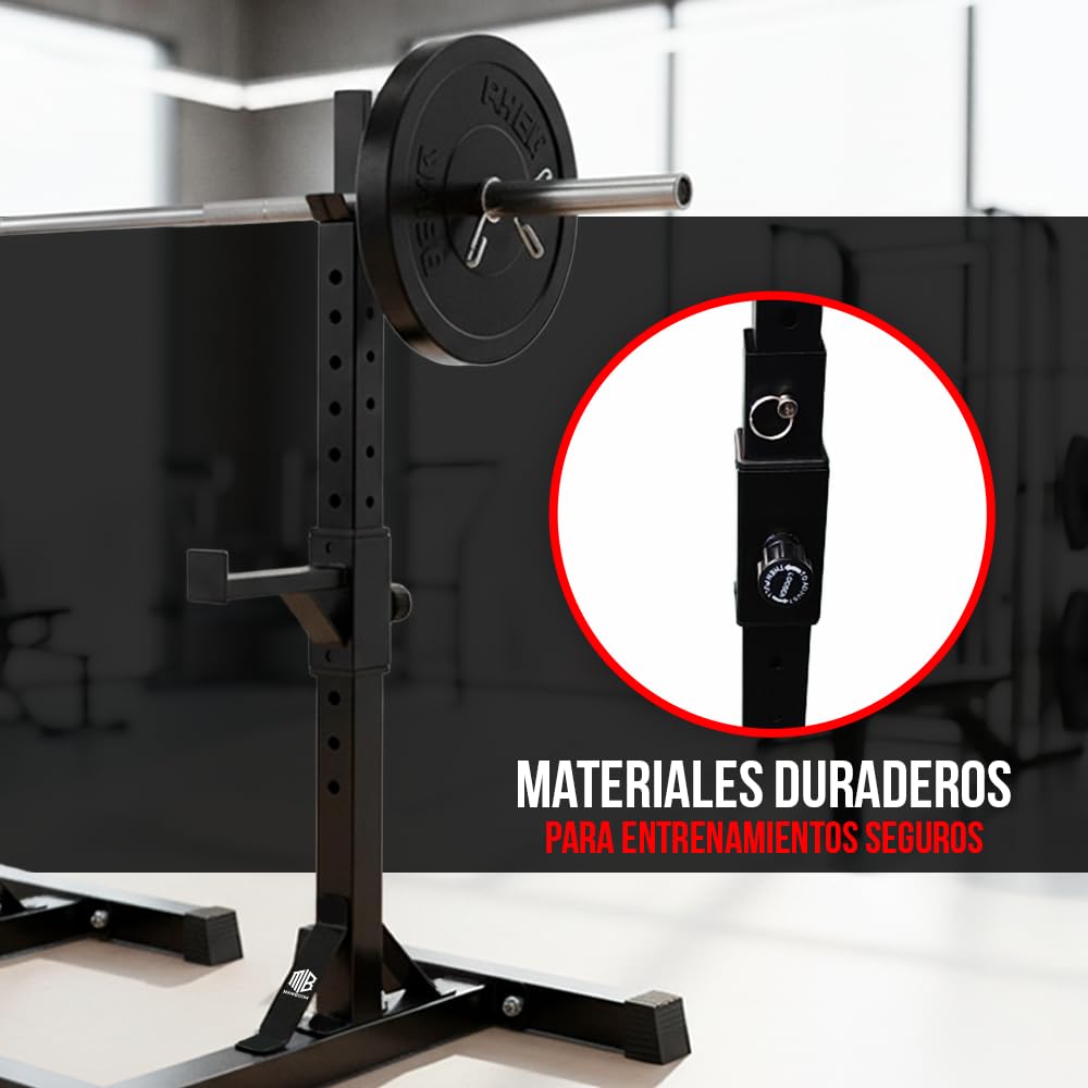 ManiBoom Soporte Barra Pesas para Sentadillas o Press Banca ESTABLE - Maquina Sentadillas Max. 300KG - Rack Musculación AJUSTABLE a 13 Alturas - Soporte Pesas Compacto para Gym en Casa