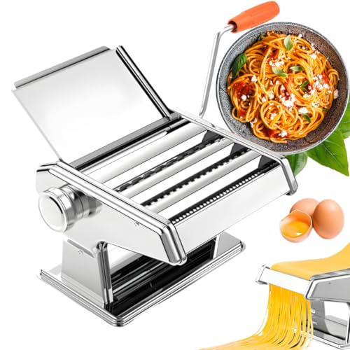 Máquina de Macarrão Manual em Aço Inoxidável, 3 Tipos de Massa, Espaguete, Talharim e Lasanha, 6 Níveis de Espessura, com Manivela e Grampo de Fixação